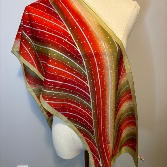 Vintage, Made in Italy, Red, Silver, Beige Scarf, Circa 1970s - Picture 3 of 6